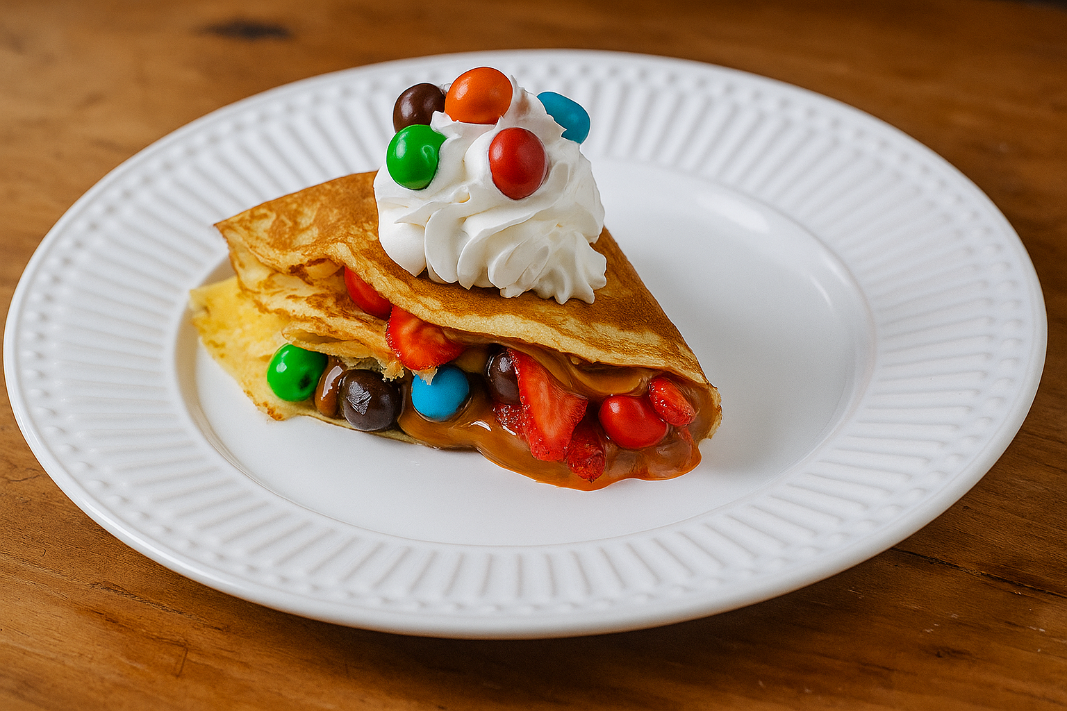 Crepe de Doce de Leite com Morangos e M&M’s